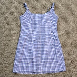 BDG Urban Outfitters Blue Motif Plaid Mini Dress size Large Slub Cotton Academia